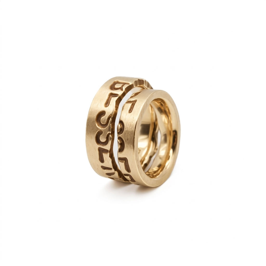 Handgefertigte Eheringe aus massivem Gold, die aus einer einzigen Platte gesägt wurden – beim Aufeinanderstecken ergibt die geteilte Wunschgravur einen kompletten Satz. Goldschmiede Erlangen.